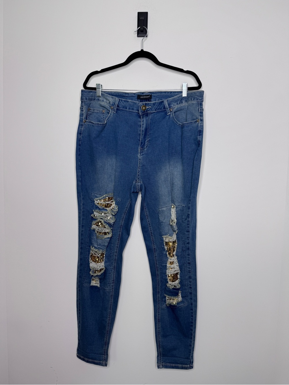 Ashley Stewart Medium Blue Skinny Jeans with Gold Sequin Rips